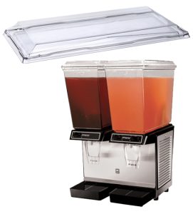 Insulated twin sheet thermoformed lid for commercial beverage dispenser, shown individually and with the complete dispenser