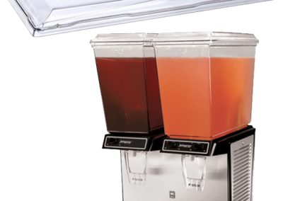 Insulated twin sheet thermoformed lid for commercial beverage dispenser, shown individually and with the complete dispenser