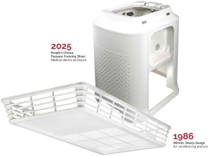 Two white plastic product components: a tall medical-style enclosure and a large vented tray. Small labels mark “2025 People's Choice Pressure Forming Silver: Medical device enclosure” near the enclosure and “1986 Winner, Heavy-Gauge Air conditioning plenum” near the tray.