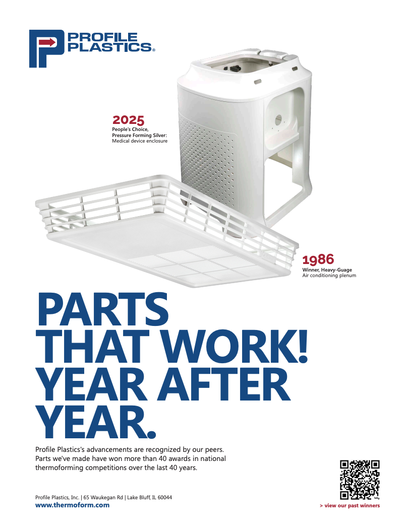 Large text reads “PARTS THAT WORK! YEAR AFTER YEAR.” with a QR code at bottom right. Two white plastic product components: a tall medical-style enclosure and a large vented tray. Small labels mark “2025 People's Choice Pressure Forming Silver: Medical device enclosure” near the enclosure and “1986 Winner, Heavy-Gauge Air conditioning plenum” near the tray.