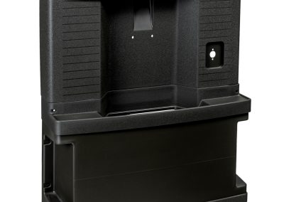 A commercial ice machine with dark gray textured exterior features an upper dispensing unit with a central ice chute positioned above a lower storage bin. Control buttons are mounted on the right side of the upper unit.