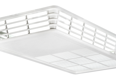 A white rectangular air conditioning plenum with angled sides featuring horizontal slat grilles for directional airflow distribution and a mesh grid screen on the bottom surface.