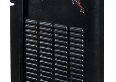 Black metal machine cover panel with a vented grille in the lower half and a cutout near the bottom edge. It has a slanted top, side flange, and a small multicolored graphic of a runner near the upper right.