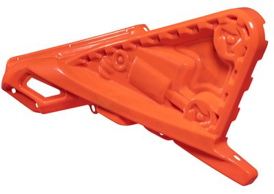 Orange plastic enclosure part shaped like a long triangular panel with raised interior ribs and molded details. It has mounting holes and a rectangular cutout on one end.