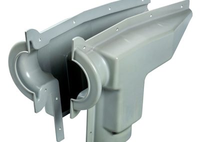 Gray molded substation connector guard parts with curved openings and mounting tabs. Two matching pieces are shown overlapping in a front-facing product view.